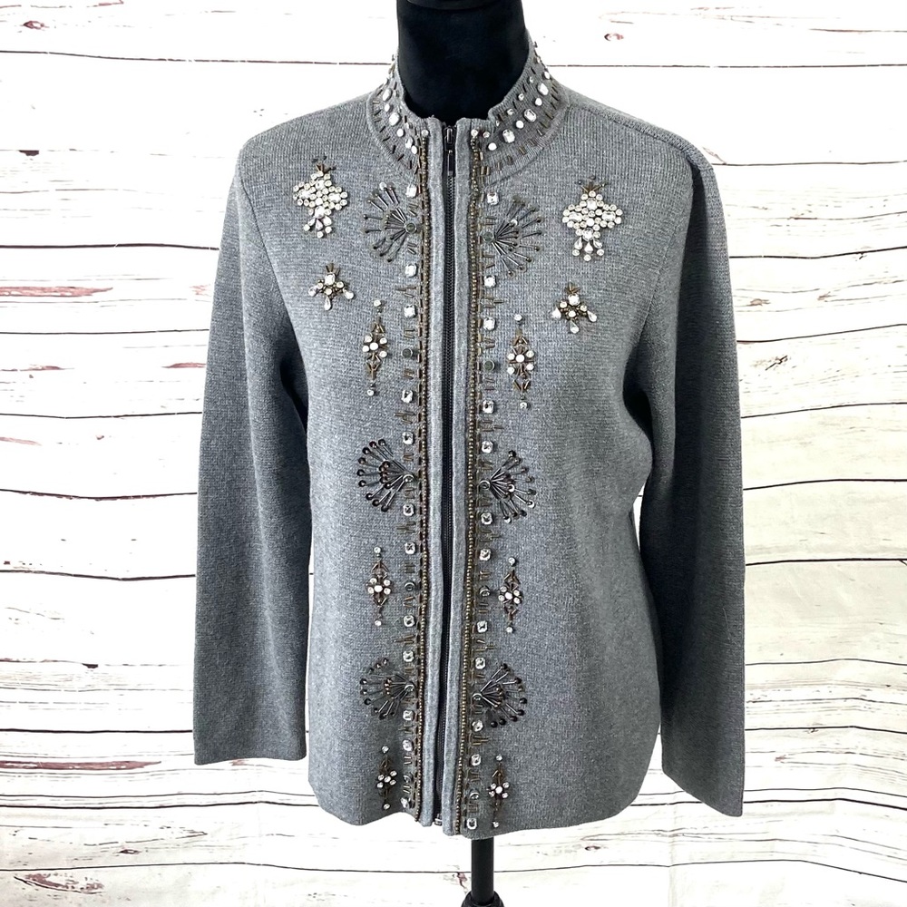Chico’s Cardigan Sweater Women’s Size 8/10 Gray Full Zip Beaded Rhinestones